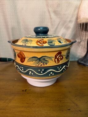 Hand-Painted Yellow & Teal Ceramic Lidded Bowl - Decorative Home Art